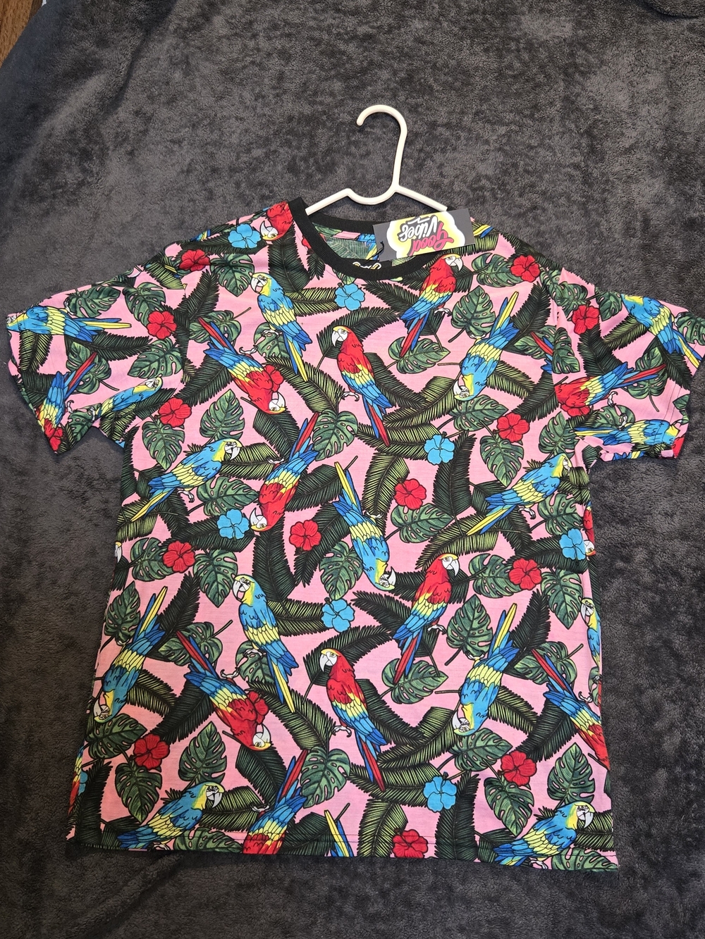 Tropical Parrot Print Tee - Bright Pink Background